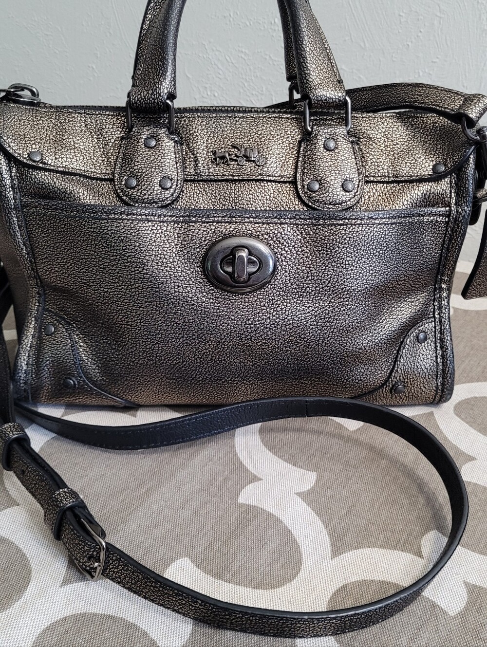 Coach Rhyder 24 Metallic Pewter Leather Satchel Handbag - Picture 13 of 16